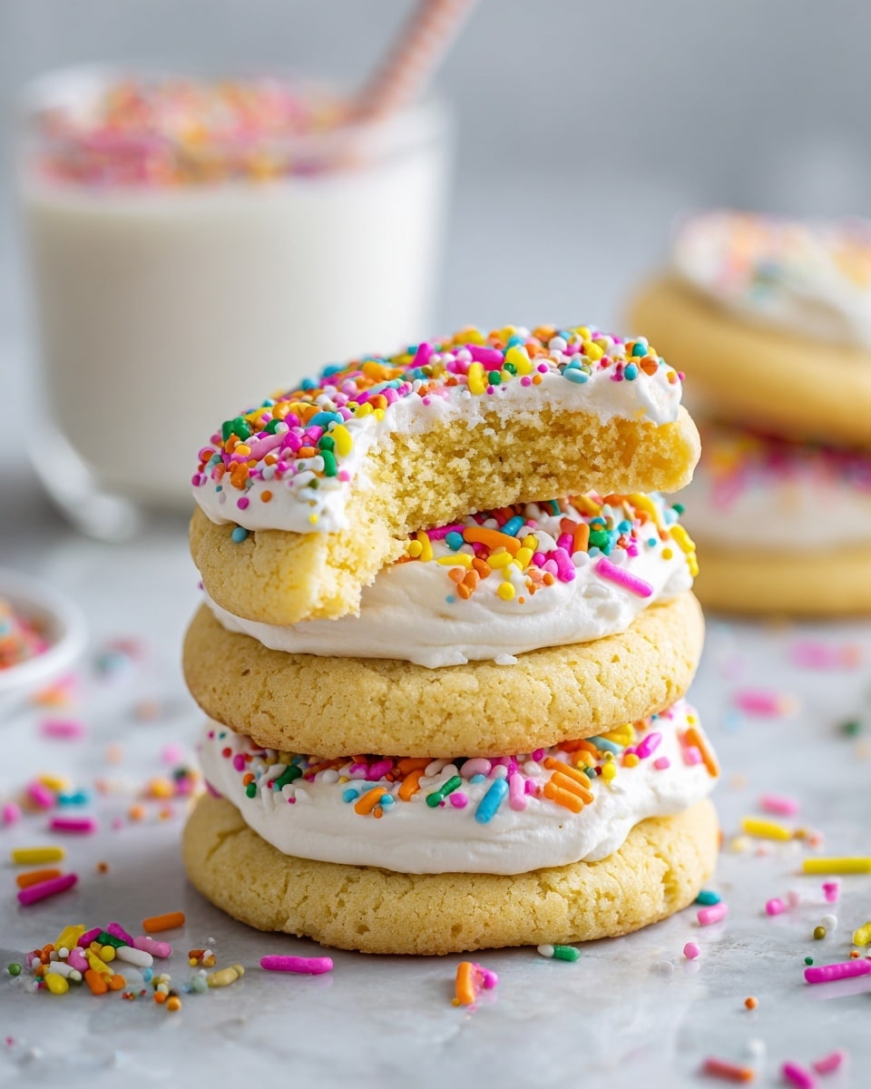 The image shows a close-up of a stack of three round yellow cookies with soft, crumbly texture. Each cookie is separated by a layer of white creamy frosting that looks fluffy and smooth. The top cookie has a thick layer of white frosting spread evenly on top, decorated with colorful round and long sprinkles in bright colors like pink, yellow, green, blue, and orange. A bite has been taken from the top cookie, revealing the moist, airy inside of the cookie. The cookies rest on a white marbled surface with some scattered sprinkles around them. In the background, there are blurred elements of a white bowl with more colorful sprinkles and a tall glass of milk. photo taken with an iphone --ar 4:5 --v 7