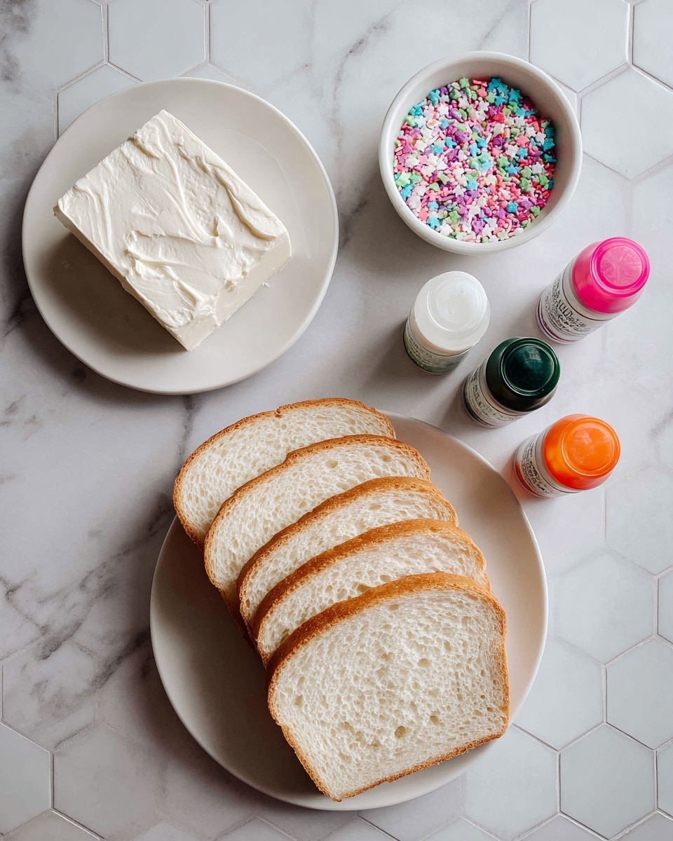 The image shows a simple arrangement on a white marbled hexagon tile surface, featuring four main items. In the bottom right, a white plate holds five slices of plain white bread, stacked to show soft, light beige interiors and golden-brown edges. To the left, another white plate with a block of smooth, white cream cheese with soft texture and slight folds. Above the plates, a small white bowl filled with colorful sprinkles, including pink, green, orange, white, and blue shapes, adding a bright pop of color. Near the top right, four small plastic bottles of food coloring are placed, in the colors red, orange, green, and black, each with a colored cap matching its content. The photo taken with an iphone --ar 4:5 --v 7