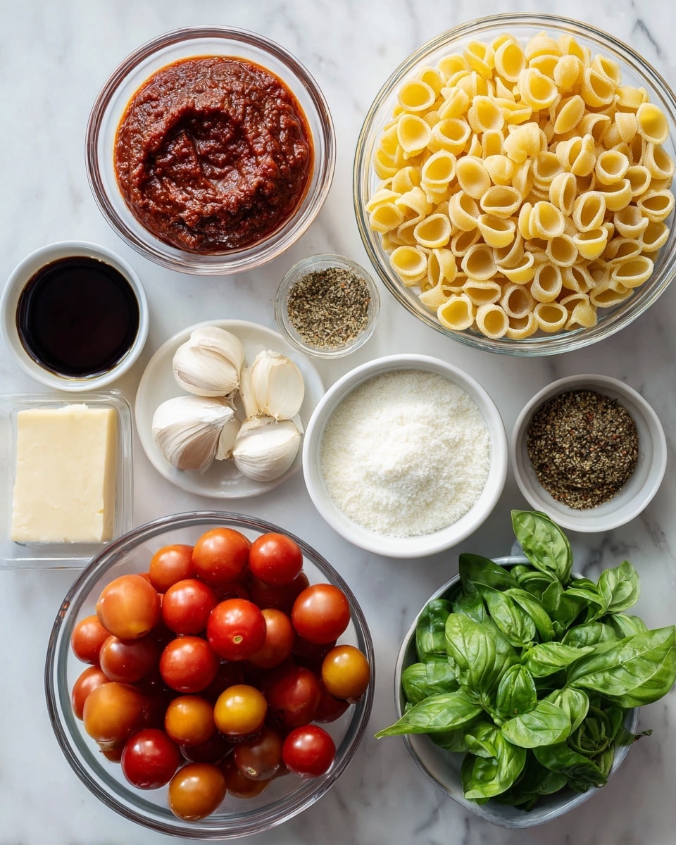 A clear glass bowl on the right is filled with small, round yellow pasta shells. Next to it on the left, a small white bowl holds thick, deep red tomato paste with a smooth texture. Below those bowls, a larger clear plastic container is full of fresh, red and orange cherry tomatoes, shiny and plump. Near the tomatoes, a small white bowl contains dried Italian seasoning with mixed green and red flakes, and another small clear bowl holds coarse salt and black pepper together. Fresh green basil leaves rest in a clear glass bowl below the pasta, showing bright, smooth leaves. To the left of the basil, there are three garlic cloves with white skins. Below the garlic, a wedge of pale yellow parmesan cheese sits next to a small white bowl of fine white sugar. To the left are two small clear bowls; one with dark balsamic vinegar and one with golden olive oil. At the top left, a small clear bowl contains smooth, white heavy cream. The entire layout is on a white marbled surface. photo taken with an iphone --ar 4:5 --v 7