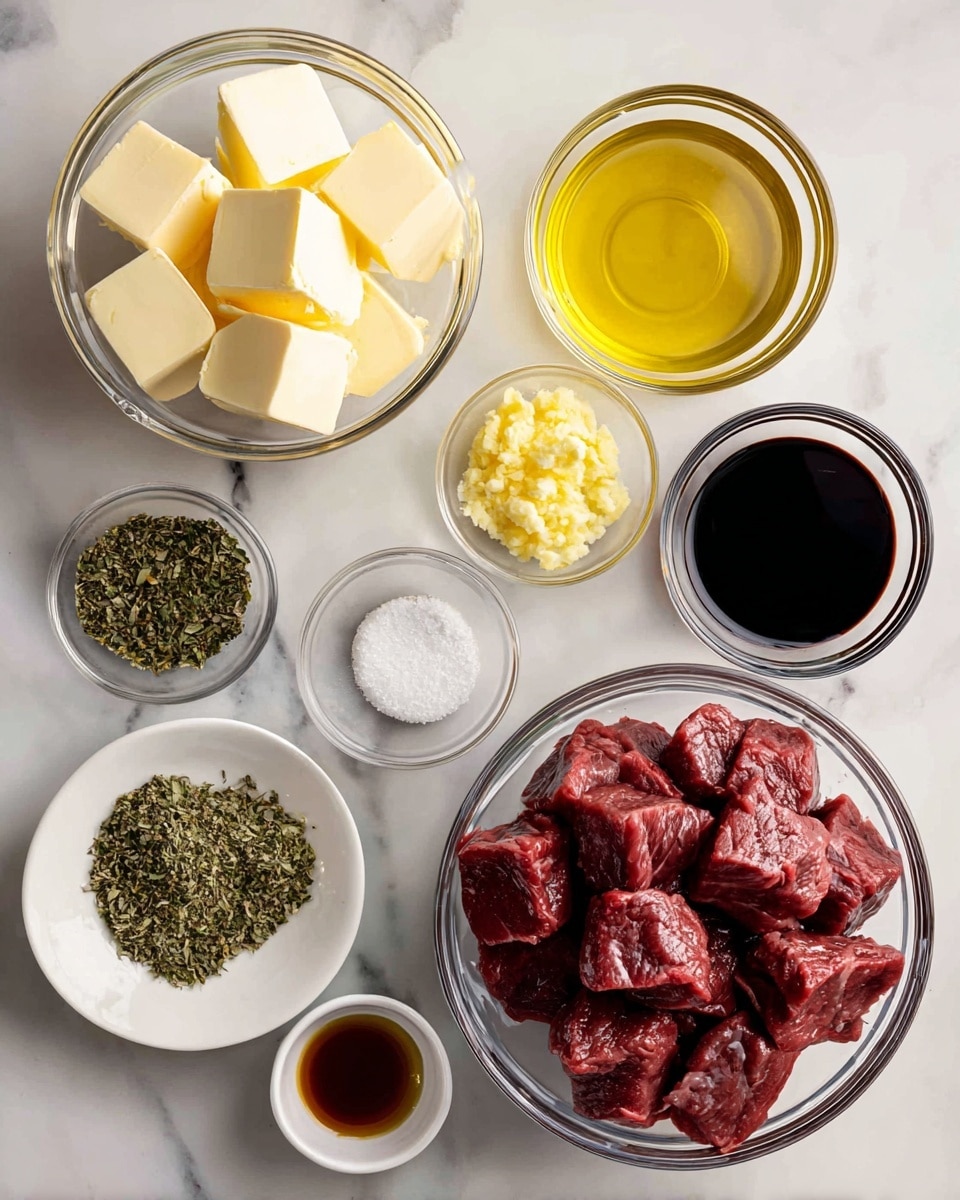 The image shows several clear glass bowls arranged neatly on a white marbled surface. At the top right, a large bowl is filled with raw chunks of dark red steak meat. Below it and to the right, medium bowls hold golden olive oil and a thick dark brown soy sauce. Near the center, a small bowl contains minced pale yellow garlic, while another small bowl next to it has white salt and dark black pepper. To the left, a bowl holds three thick pieces of pale yellow butter, and above it is a smaller bowl with light yellow lemon juice. At the bottom left, a small white plate carries three dried green herbs labeled as oregano, basil, and parsley. Another small bowl in the center has a dark brown liquid labeled Worcestershire sauce. Every item is spaced out clearly for easy viewing. Photo taken with an iphone --ar 4:5 --v 7