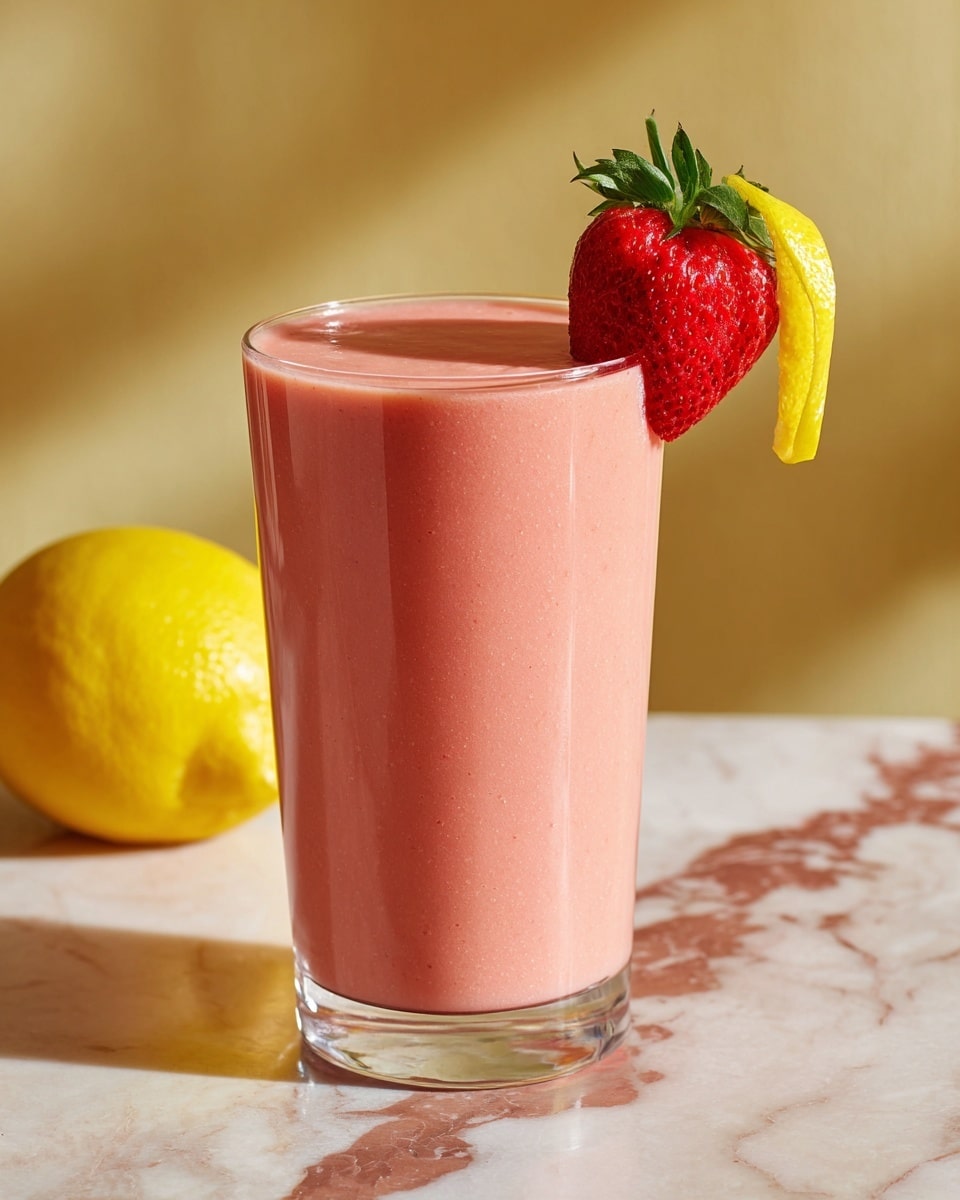A close-up of a tall glass filled with a smooth, light pink smoothie. The smoothie shows small bubbles and a creamy texture on the surface. A fresh red strawberry with green leaves sits on the rim of the glass on the right side, and a curled yellow lemon peel is hooked on the glass near the strawberry. In the blurred white marbled background, there is a lemon and some yellow lemon peels visible, adding soft color contrast. Photo taken with an iphone --ar 4:5 --v 7