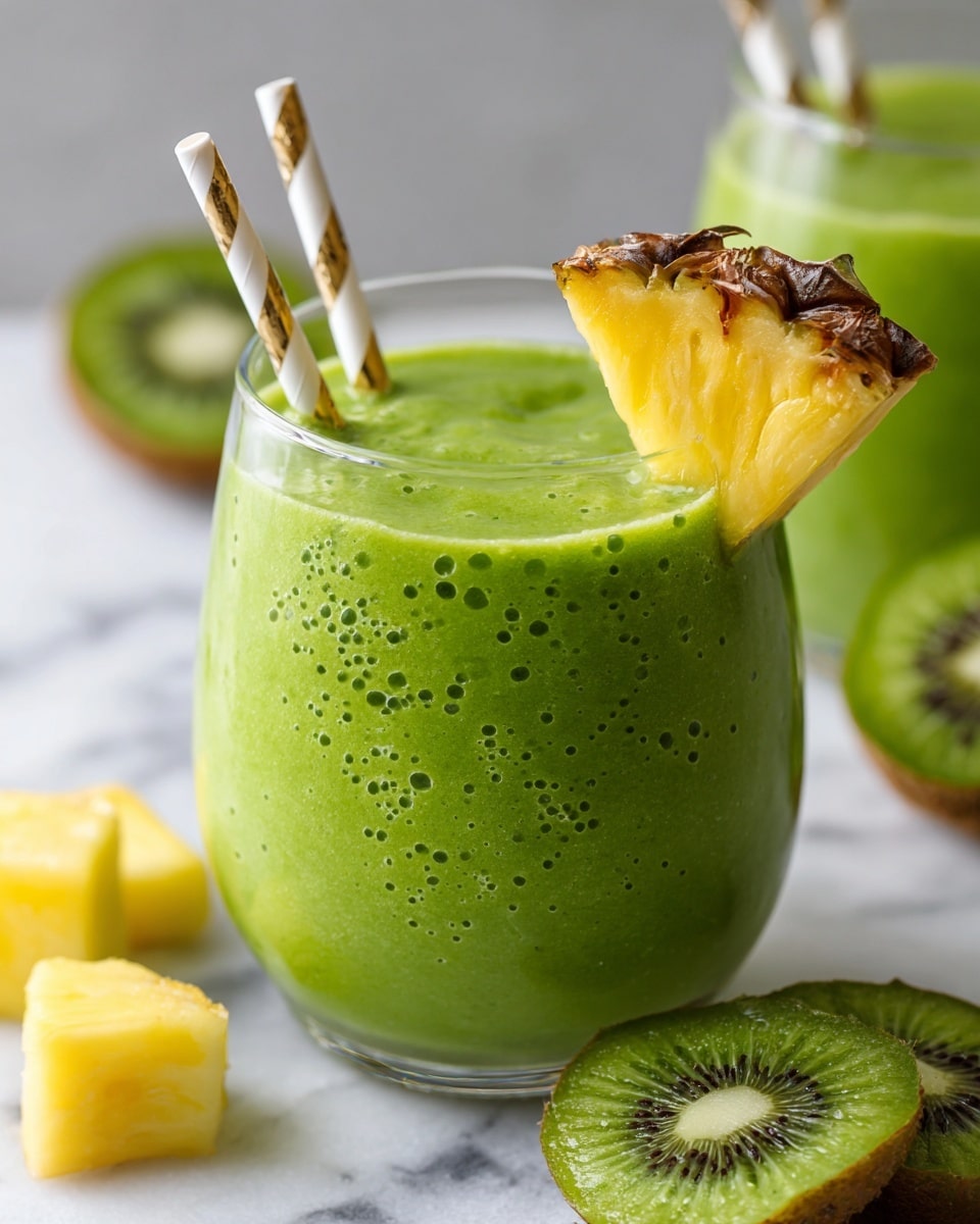 A glass filled with a smooth bright green smoothie, showing a thick texture on top, garnished with a triangular slice of pineapple placed on the rim of the glass. Two paper straws, white with gold stripes, stand upright inside the drink. The glass sits on a white marbled surface surrounded by fresh green kiwi halves, pineapple chunks, and a couple of fresh spinach leaves, giving a fresh and healthy look. In the background, a larger container with the same green smoothie is partly visible, softly focused. Photo taken with an iphone --ar 4:5 --v 7