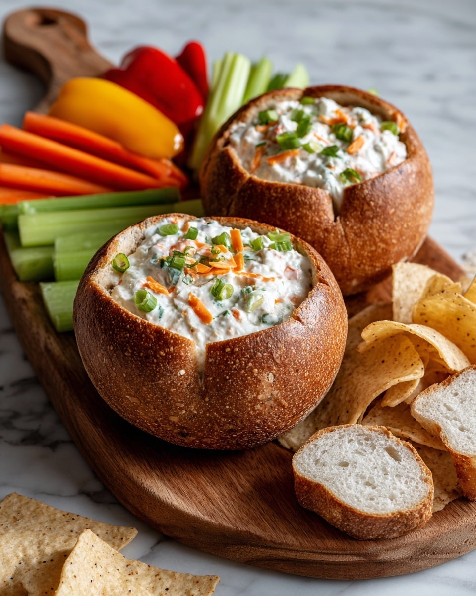 Two round bread bowls with a golden brown crust filled with creamy white dip topped with chopped green herbs are placed on a wooden board. Between and around the bowls are colorful fresh vegetable sticks in yellow, orange, and green, along with some light golden toasted bread pieces and beige tortilla chips. The whole scene is set on a white marbled surface. photo taken with an iphone --ar 4:5 --v 7