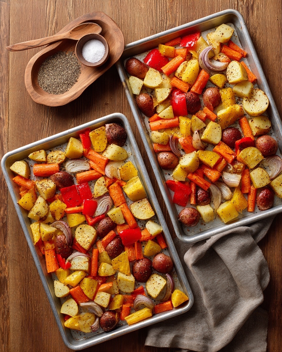 The image shows two silver baking trays filled with small, evenly chopped roasted vegetables including red bell peppers, yellow squash, red potatoes with skin, carrots, and onions, all coated lightly in seasoning. The vegetables are spread out on the trays, which are placed on a wooden surface next to a small wooden dish holding coarse salt and black pepper with a small spoon. The overall colors are warm with orange, red, yellow, and white tones contrasting against the silver trays and wooden table. Photo taken with an iphone --ar 4:5 --v 7