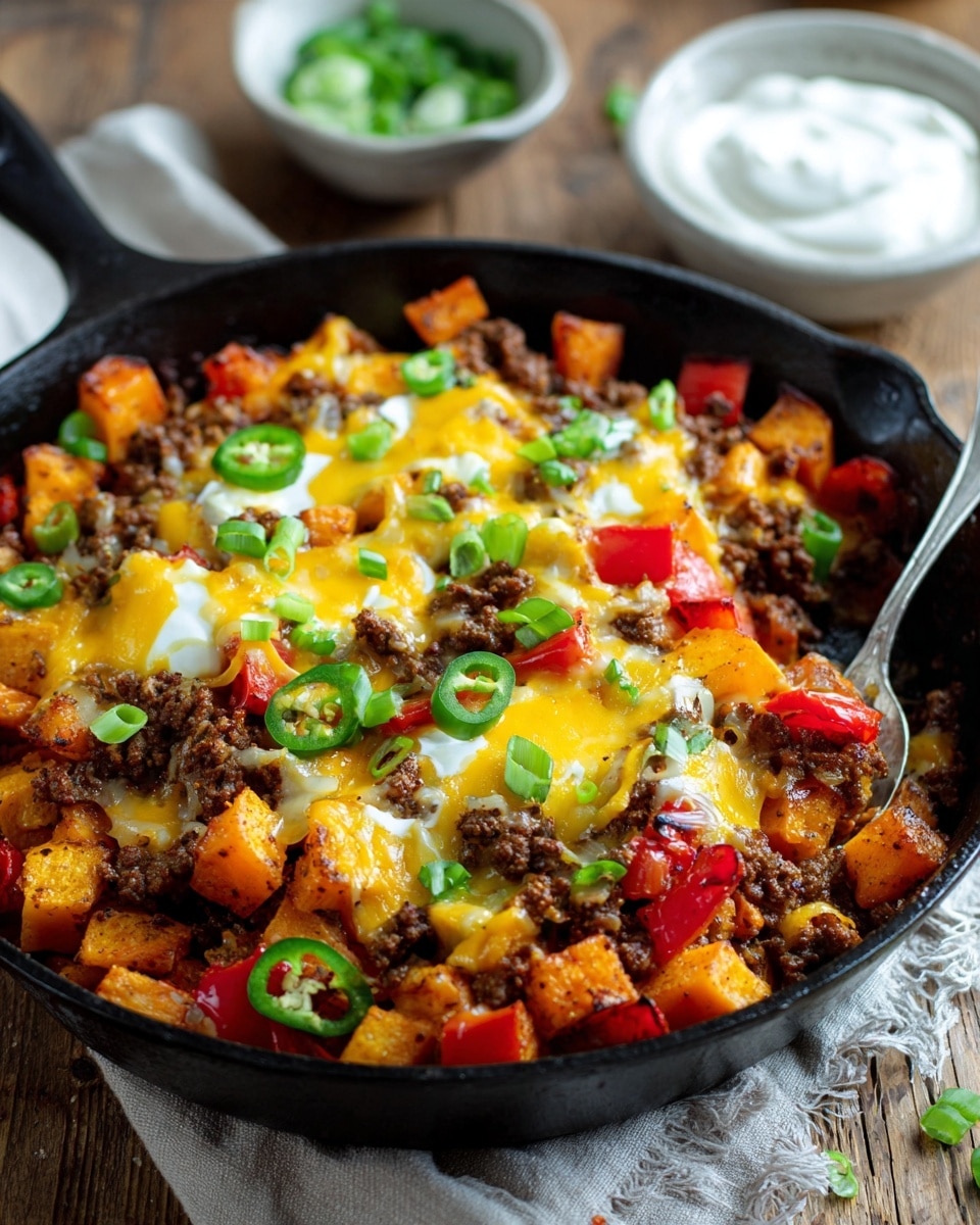 A dark cast iron skillet filled with a layered dish, starting with browned ground meat and roasted golden-brown potato cubes, mixed with pieces of red bell pepper and purple onion. Melted yellow cheddar cheese covers the top with slices of green jalapeño peppers scattered evenly. Small chopped green onions are sprinkled on top, adding a fresh touch. A metal spoon with a wooden handle rests inside the skillet, ready to serve. The skillet sits on a wooden table, next to a white bowl of sour cream and a glass of light green pickles, all placed on a white marbled surface. photo taken with an iphone --ar 4:5 --v 7