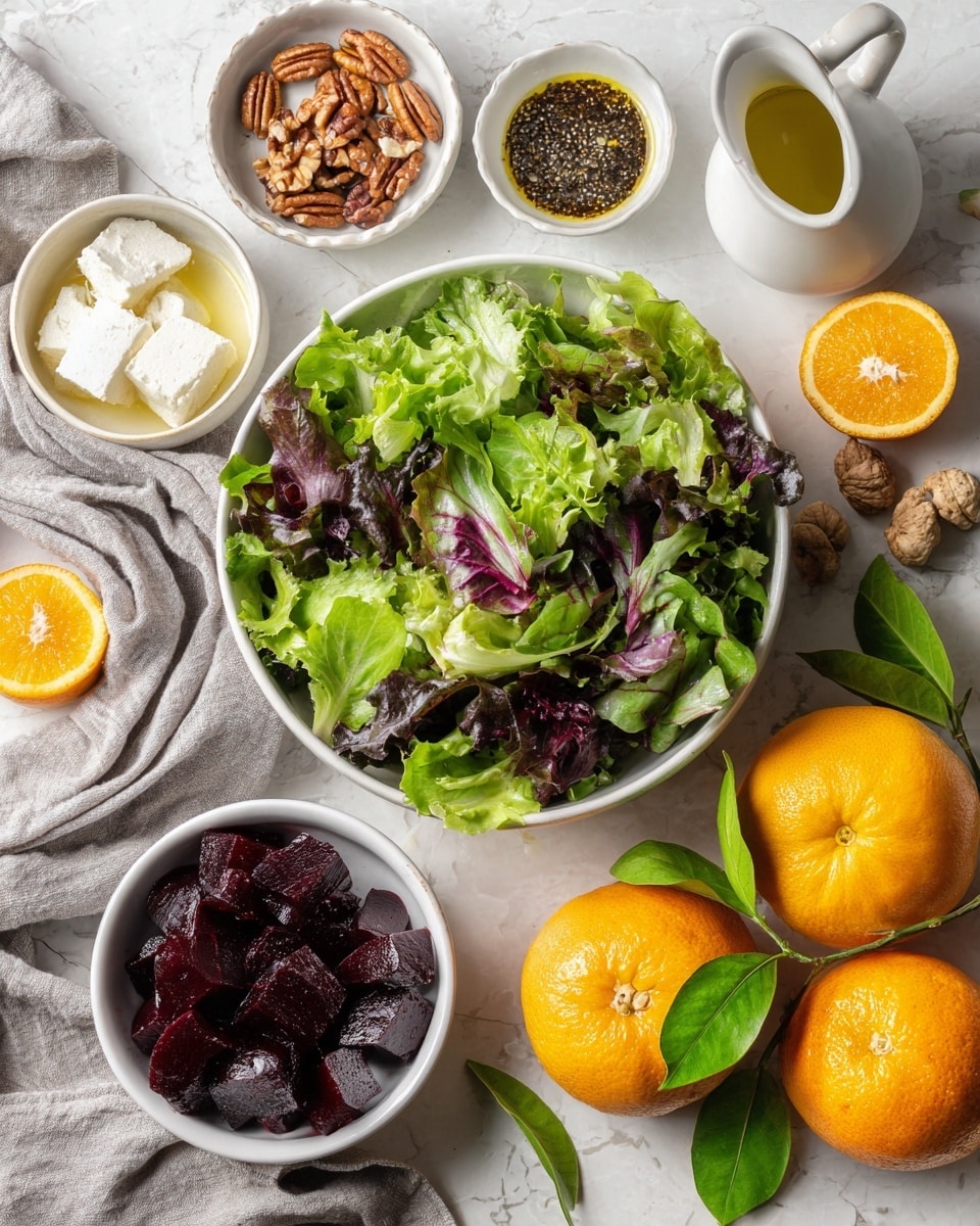 A white bowl filled with bright green and purple mixed salad greens sits on a white marbled surface. Nearby, another white bowl holds dark red roasted beet pieces, cut into small chunks. Small white bowls contain light brown pecans, creamy white goat cheese, whole grain mustard with visible mustard seeds, and dark balsamic vinegar. A small white pitcher of golden olive oil is placed near a single pale shallot. Around these bowls are several bright orange whole oranges and peeled orange slices with green leaves attached. The scene is neatly arranged with a soft gray cloth on the surface. Photo taken with an iphone --ar 4:5 --v 7