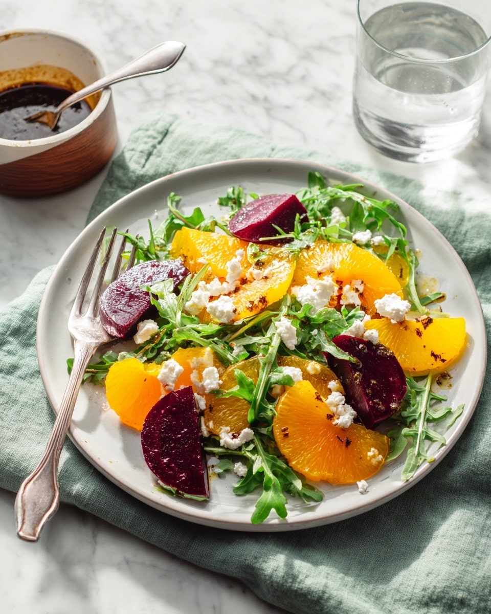 The image shows a plate with three layers of food. The bottom layer is cut pieces of orange and red beets. On top of the beets, there is a layer of green arugula leaves scattered evenly. The top layer consists of small white crumbles of cheese dotted across the arugula. The food is on a white plate placed on a green cloth, with a metal fork resting on the left side of the plate. Behind the plate, there is a white bowl filled with a dark dressing and a spoon sticking out, and a clear glass of water on the right side. All this is set on a white marbled surface. photo taken with an iphone --ar 4:5 --v 7