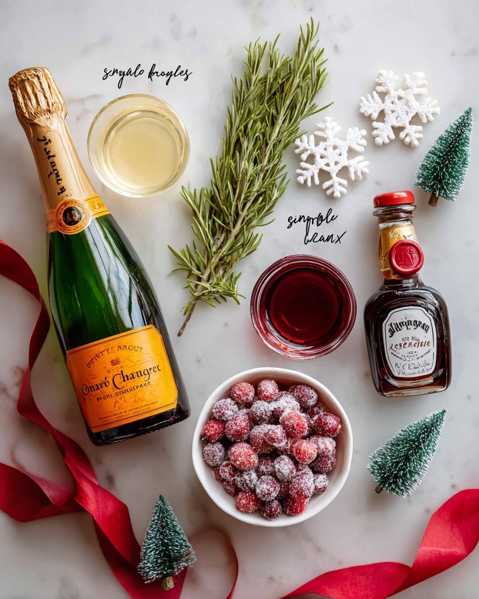 The image shows an arrangement of ingredients on a white marbled surface. At the left side is a green bottle of champagne with a bright orange label and gold foil top. To the right, a sprig of rosemary lies vertically with fine green needle-like leaves. Next to it are various small containers: a clear glass with a pale yellow liquid labeled simple syrup on top, a white bowl filled with sugared red cranberries dusted in sugar, a small transparent glass with deep red cranberry juice, and a dark brown bottle with a red wax seal and label reading orange liqueur. Around the ingredients are small decorative elements including two white snowflake shapes and two small green pine tree models, along with a red ribbon curling along the bottom. The text labeling each ingredient is written in black cursive script near its respective item. photo taken with an iphone --ar 4:5 --v 7