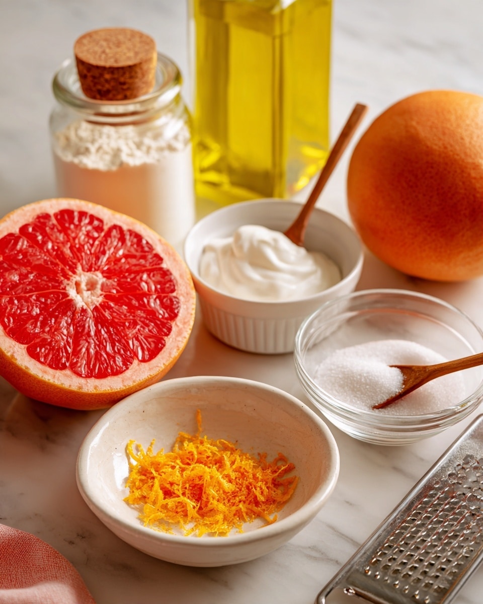 A close-up scene shows baking ingredients on a white marbled surface, including a halved grapefruit with bright red flesh placed near a white container of cream and a full whole grapefruit on a clear glass dish. There is a small white bowl with white sugar and a small wooden spoon resting inside. In the foreground, a white bowl holds bright orange citrus zest scattered inside, with faint dark text around the rim. A metal grater is partly visible next to the bowl, with some zest on the surface nearby. Behind the ingredients, a jar of flour and a clear bottle of yellow cooking oil are also seen. Photo taken with an iphone --ar 4:5 --v 7
