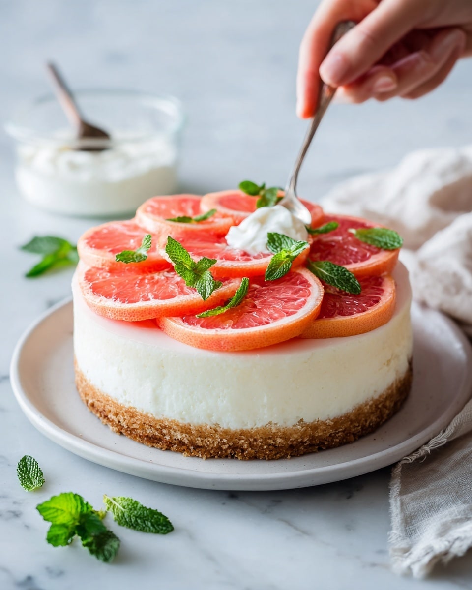 A round cake with one visible layer sits on a white plate on a white marbled surface. The cake has a smooth pale yellow cream layer on top. On this cream layer, there are many thin, circular slices of bright red-pink citrus fruit, arranged closely together to cover most of the surface. Small fresh green mint leaves are scattered on top of the fruit slices and a few on the marbled surface near the plate. In the background, there is a clear glass bowl with white cream and a spoon resting inside. Photo taken with an iphone --ar 4:5 --v 7
