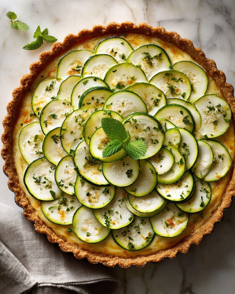 A baked tart sits on a white marbled surface, with a golden-brown crust that has a scalloped edge all around. The tart is layered with creamy, lightly browned filling, topped with thin, overlapping green and white zucchini slices arranged in a circular pattern. Small pieces of green herbs are sprinkled evenly over the top, and a fresh sprig of green mint leaves is placed in the center, adding a touch of brightness to the dish. The tart looks warm and inviting, with a smooth and slightly textured surface photo taken with an iphone --ar 4:5 --v 7
