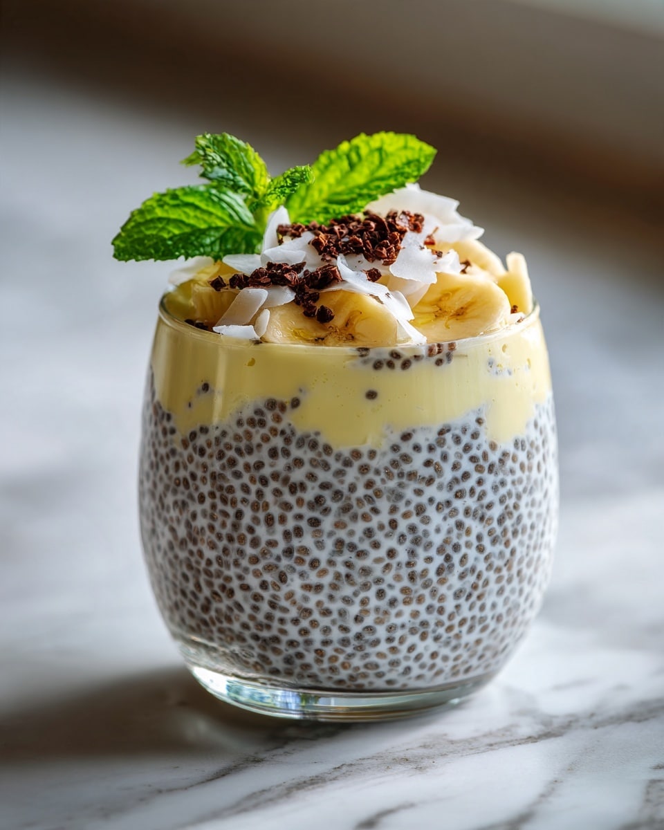 A clear glass filled with three layers: the bottom and main layer is creamy chia pudding with visible black chia seeds, topped with a layer of light yellow banana pieces. The top layer has white coconut flakes, small dark brown cacao nibs, and a fresh, vibrant green mint leaf placed near the banana pieces. The glass is placed on a white marbled surface. Photo taken with an iphone --ar 4:5 --v 7