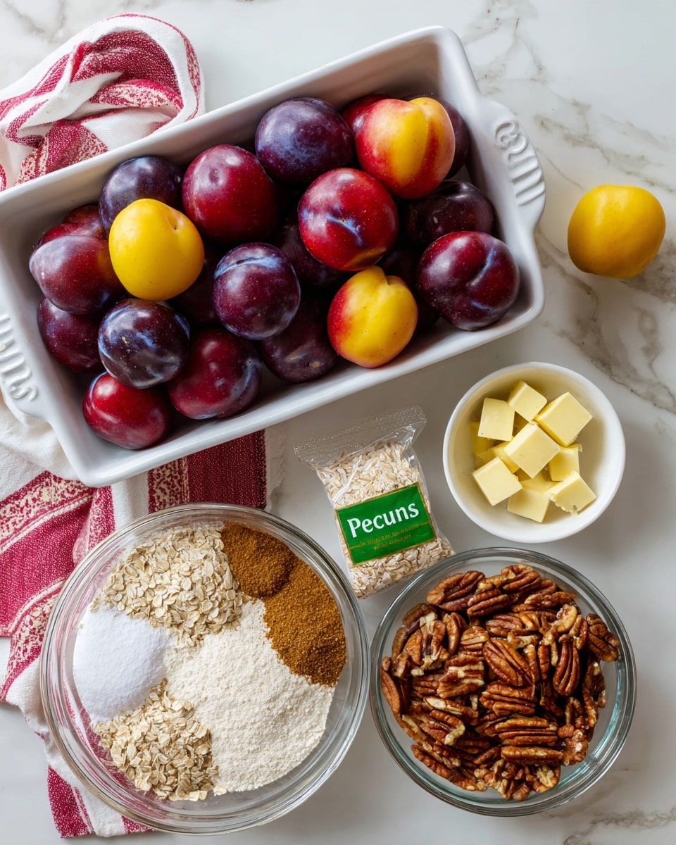 A white rectangular baking dish filled with whole fresh plums in varied colors of deep purple, red, and bright yellow sits on top of a white marbled surface with a red and white striped cloth partially visible beneath it, next to a single yellow plum and one red plum placed outside the dish. Below the baking dish, a large clear glass bowl contains layered ingredients including oatmeal, brown sugar, white flour, cinnamon, and salt, each separated but touching inside the bowl. To the right, a small clear bowl holds chopped pecans, with additional chopped pecans scattered on the white marbled surface nearby. Below the pecans is a clear plastic bag labeled