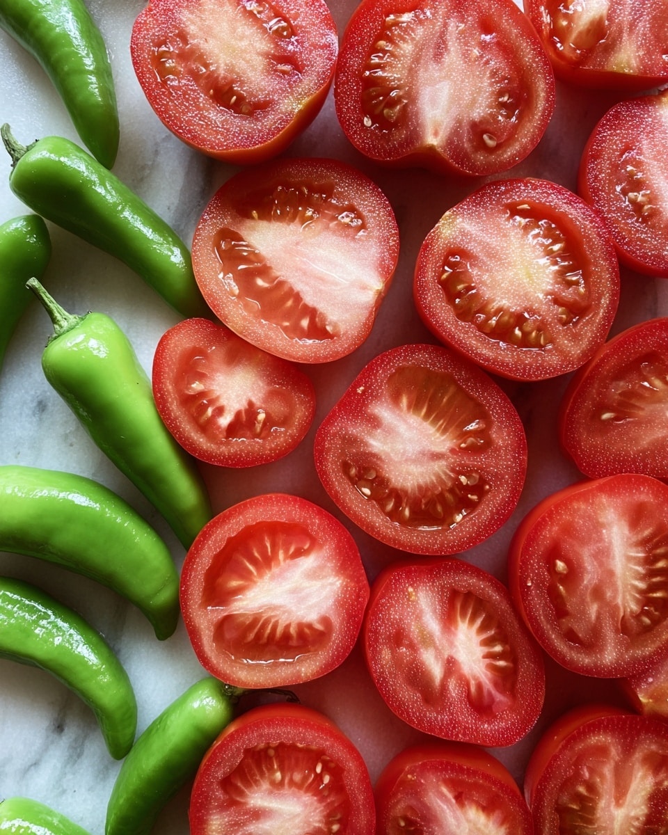 The image shows a tray of halved red tomatoes arranged close together, each half revealing shiny, smooth flesh with visible seeds inside, and a glossy surface that catches the light. On the left side, there are a few whole, bright green chili peppers with a smooth and slightly wrinkled texture. The background is a white marbled surface. photo taken with an iphone --ar 4:5 --v 7
