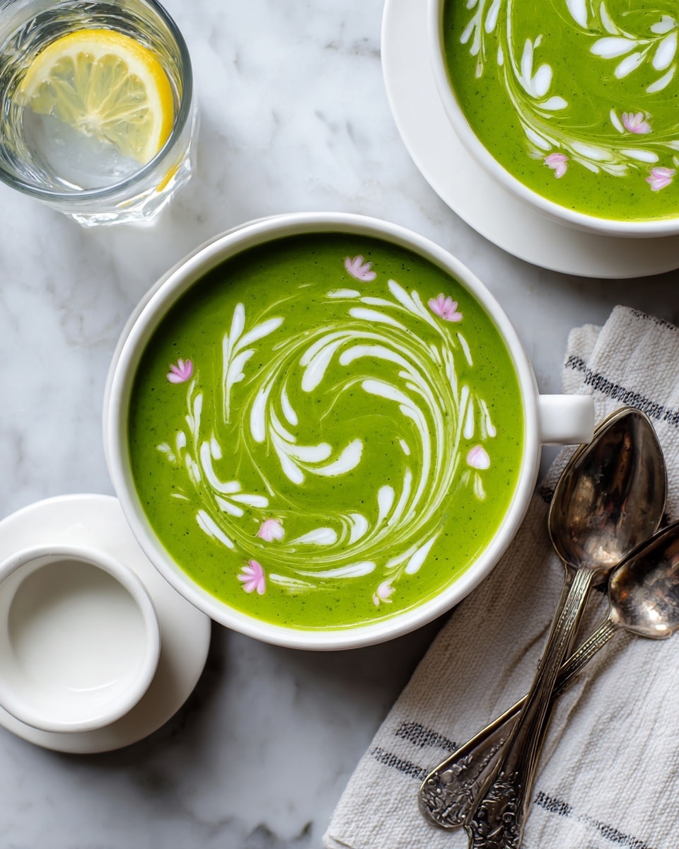 A bowl of green soup with a smooth texture sits in the center on a white marbled surface. The soup has white cream swirled on top in a decorative floral pattern with small pink flower-like details. To the left of the bowl is a small white sauce dish filled with white cream. Above the soup bowl is a clear glass filled with water and a thin slice of lemon. To the right of the bowl, there are two shiny silver spoons stacked together, and a soft white cloth with thin dark stripes is partially visible. Another bowl of the same green soup with similar cream swirls is partly seen at the top right corner. The overall setting has a clean, simple, and fresh look. photo taken with an iphone --ar 4:5 --v 7