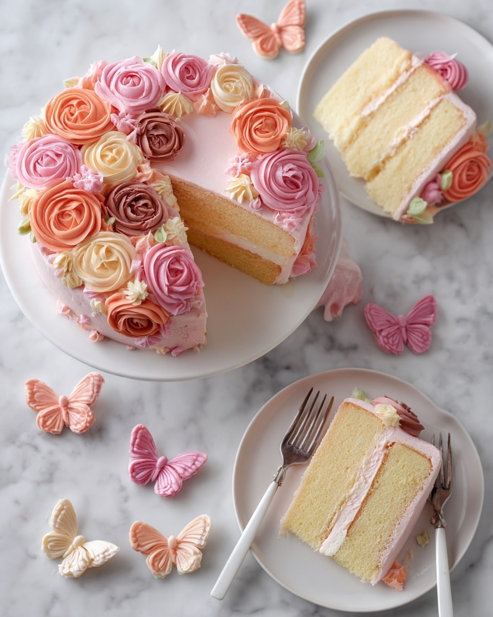A round cake with two visible layers of light yellow sponge separated by a thin layer of light purple frosting, the outside completely covered in smooth light purple frosting. The top and sides of the cake are decorated with many buttercream flowers in three colors: dark pink, orange, and brown, arranged closely together. Two slices of the cake are served on white plates, each slice showing the same two layers with light purple frosting and decorated with a few of the same colored flowers on top. Scattered around the cake on the white marbled surface are additional buttercream flowers in dark pink, orange, and brown. Photo taken with an iphone --ar 4:5 --v 7