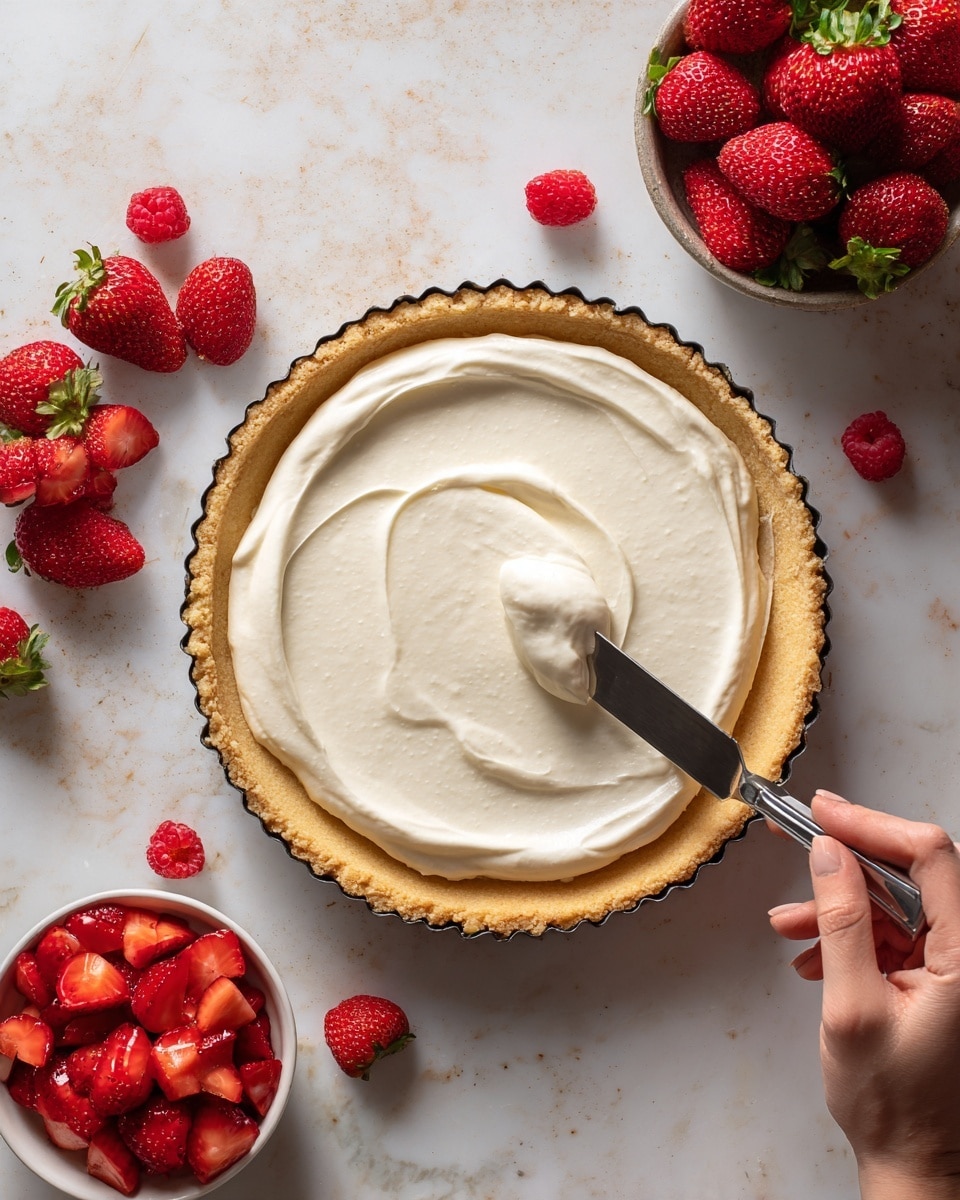 A round tart crust with a golden brown color lies in the center on a white marbled surface, topped with a thick layer of smooth white cream being spread evenly by a woman's hand using a metal spatula. Around the tart, there are scattered whole and halved bright red strawberries and small red raspberries. To the lower right, a small white bowl is filled with fresh red strawberry pieces. The scene is bright and clean with a focus on natural colors and textures. photo taken with an iphone --ar 4:5 --v 7