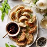Vegetarian Pea and Leek Potstickers with Spicy Sesame Dipping Sauce Recipe