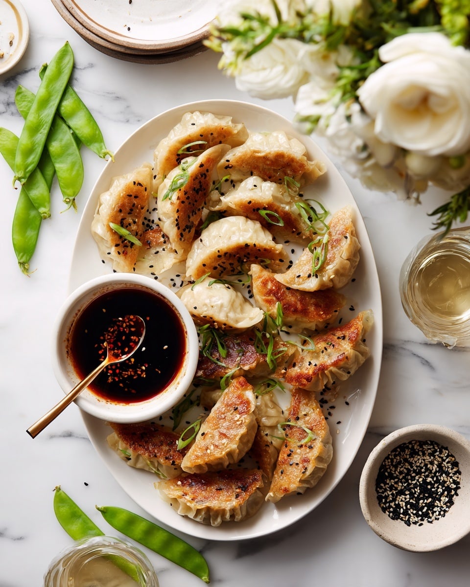 A white oval plate holds about twelve browned dumplings, arranged in a loose circular pattern, each dumpling showing a golden crispy side with the rest a soft light tan, topped with thin green spirals and black and white sesame seeds. To the lower right, a smaller white round bowl contains three dumplings soaking in dark soy sauce with a bronze spoon resting inside. Scattered around on the white marbled surface are several fresh green pea pods, two clear glasses of water, a small white bowl of black and white sesame seeds, and a white bowl filled with dark dipping sauce with chili flakes. A bouquet of white and green flowers sits at the upper right corner. Photo taken with an iphone --ar 4:5 --v 7