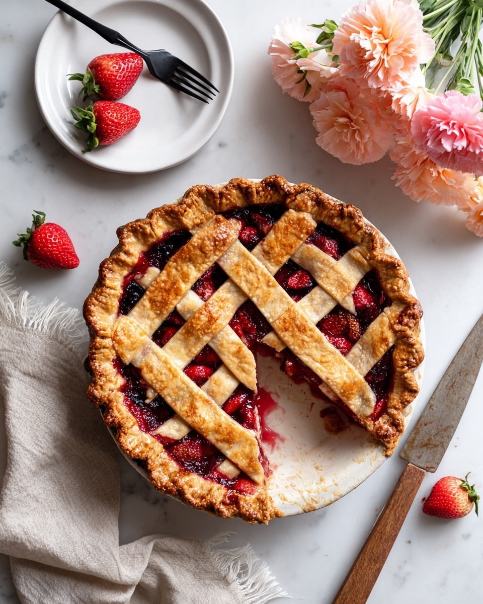 A golden brown lattice-topped pie with a shiny red fruit filling visible through the crisscross crust, one slice taken out and placed on a white plate on the left side of the image, beside a black fork. The pie sits on a white marbled surface with a light beige linen cloth to the left and a wooden pie server to the right, along with two fresh strawberries near it. At the top right corner, soft pink and orange flowers appear blurred in the background. Photo taken with an iphone --ar 4:5 --v 7