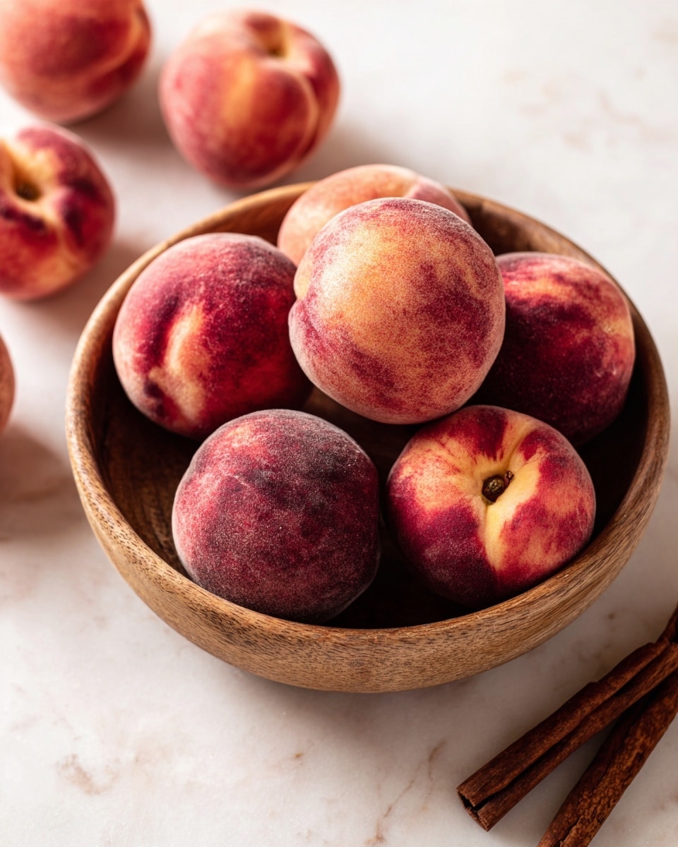 A wooden bowl filled with many ripe peaches showing soft fuzzy skin in shades of reddish-pink and peach colors. Around the bowl, there are more peaches placed on a white marbled surface, displaying their round shape and warm colors. Near the bottom right, two sticks of cinnamon rest side by side, adding a dark brown contrast to the scene. The background is simple and clean with a white marbled texture, focusing on the natural look of the fruit. photo taken with an iphone --ar 4:5 --v 7