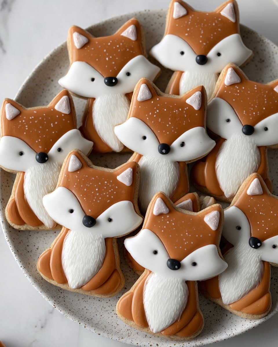 A group of fox-shaped cookies rests on a white speckled plate atop a white marbled surface. Each cookie has two main layers of smooth icing: a warm orange-brown on the head, ears, and body, and clean white on the lower face, chest, and tail tip. Tiny black dots form the eyes and a round black nose on the pointed face of each cookie, giving the foxes a simple but expressive look. The shape of each cookie is detailed, showing pointed ears, elongated snouts, and long bodies with visible legs. The shadows and highlights on the icing give a shiny, slightly thick texture. Photo taken with an iphone --ar 4:5 --v 7