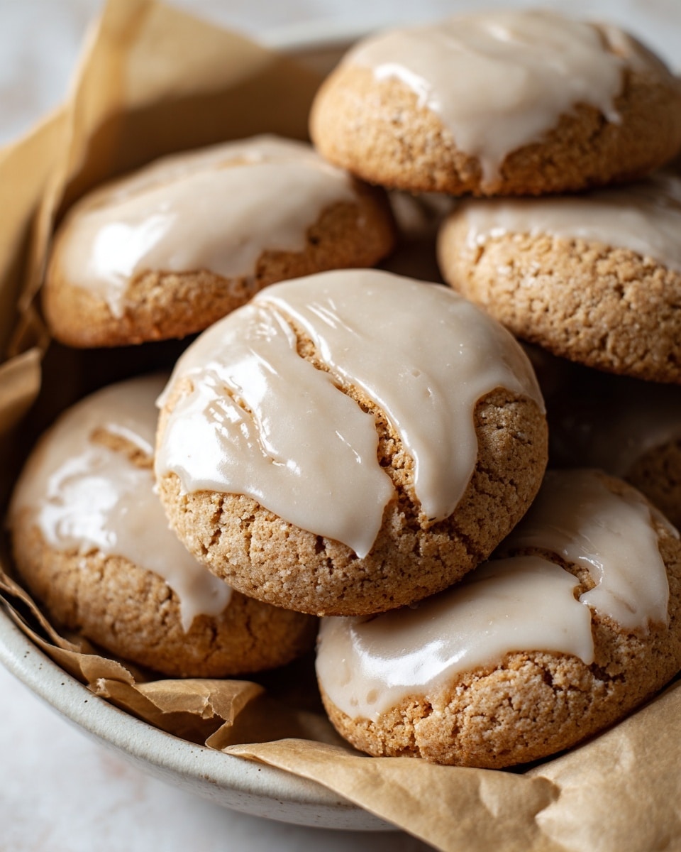 Several round cookies are stacked and closely placed in a white bowl lined with brown paper. Each cookie has a light golden color with cracks on the surface and is topped with scattered patches of smooth white icing. The texture of the cookies looks soft and slightly crumbly, with the icing creating a shiny contrast. This close-up view shows the cookies filling most of the bowl, with the bowl placed on a white marbled surface. Photo taken with an iphone --ar 4:5 --v 7