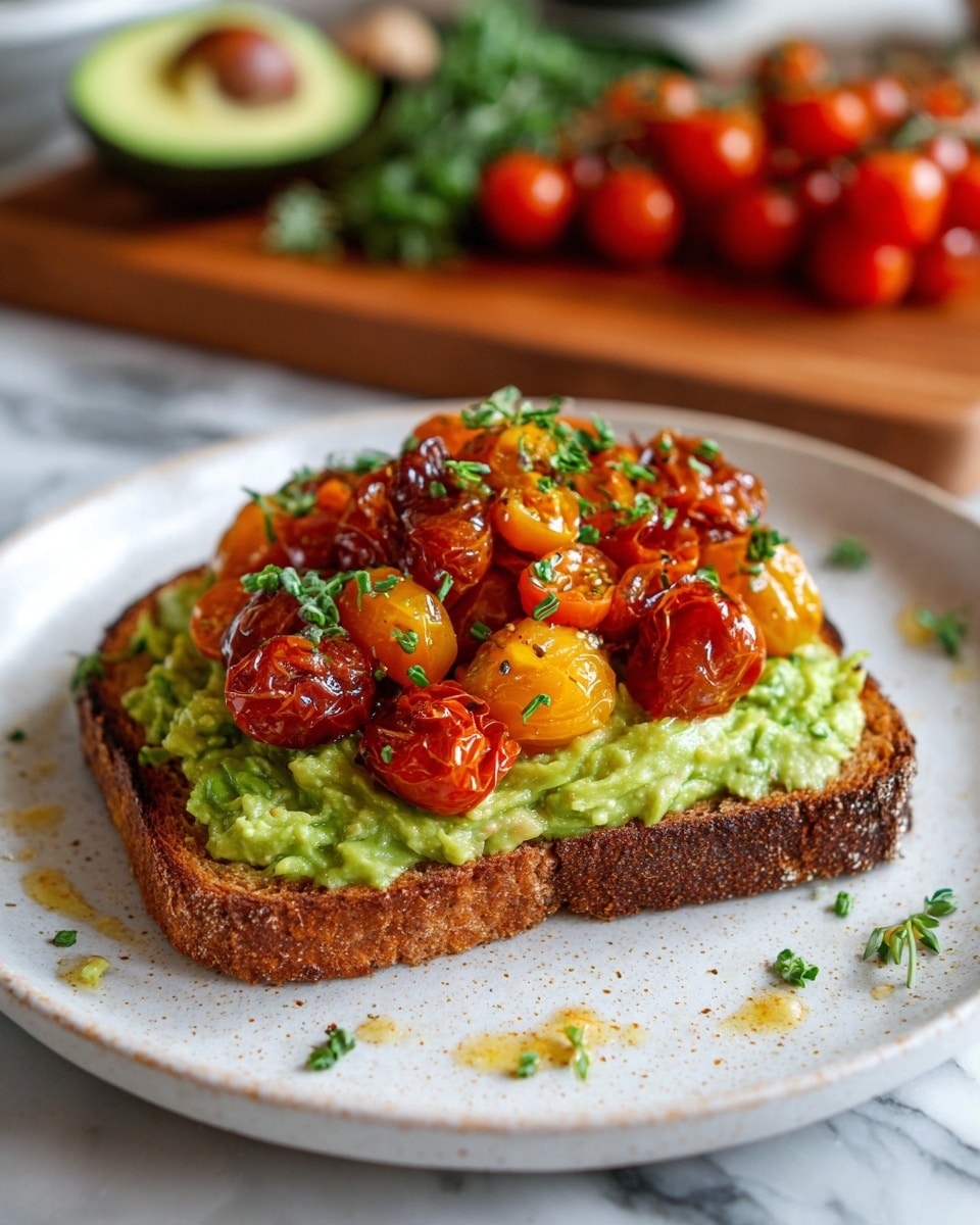 A single slice of toasted brown bread sits on a white plate with light speckles, topped with a thick, chunky layer of green mashed avocado spread. On top of the avocado is a pile of small roasted cherry tomatoes in red, orange, and yellow colors with a slightly wrinkled texture, garnished with thinly sliced green herbs. The plate is on a white marbled surface, and in the blurry background, there is a halved avocado, some fresh cherry tomatoes, and a small white bowl with green herbs. photo taken with an iphone --ar 4:5 --v 7