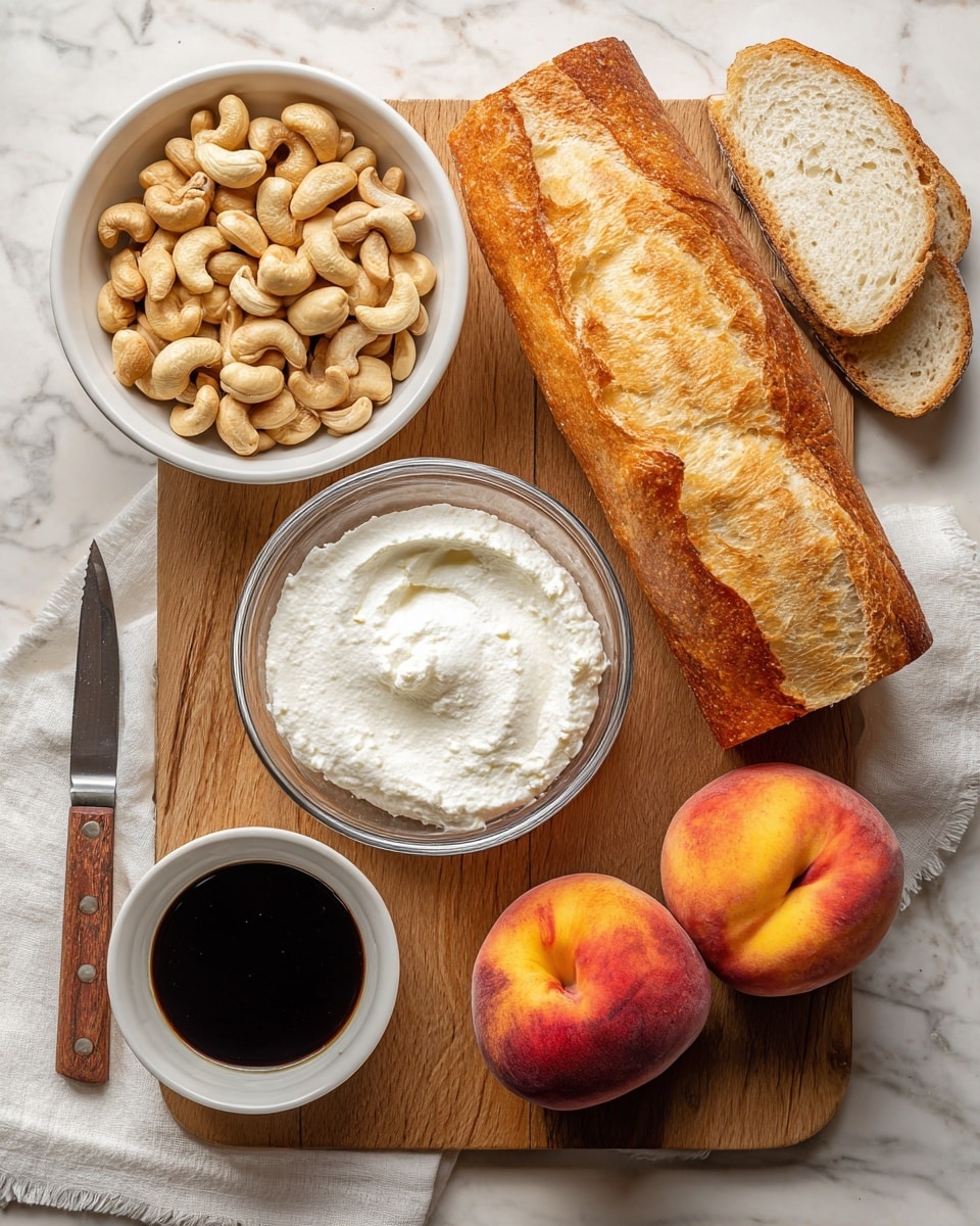 The image shows a white bowl filled with light brown cashew nuts on the top left corner of a wooden cutting board. Below it, a clear glass bowl holds soft white ricotta cheese with a fluffy texture. To the right, a loaf of golden-brown bread with a crispy crust lies partially on the cutting board, with two round slices of the bread placed near it showing a soft, airy inside. At the bottom right, two fresh peaches with reddish and yellow skin sit on the white marbled surface. Near the bottom left corner, a small white bowl contains dark brown balsamic vinegar, resting on a white cloth next to a knife with a wooden handle. Photo taken with an iphone --ar 4:5 --v 7