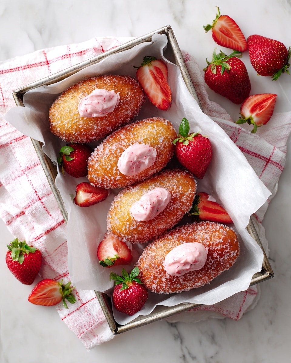 The image shows four sugar-coated donuts in a white rectangular dish lined with white paper. Each donut has a light golden-brown color and is covered with a pinkish sugar layer, with a dollop of creamy white and pink filling visible on top. Fresh whole red strawberries with green leaves are placed on and around the donuts, along with a half strawberry showing its red inside. The dish sits on a white marbled surface, with a white cloth with red stripes underneath. Photo taken with an iphone --ar 4:5 --v 7