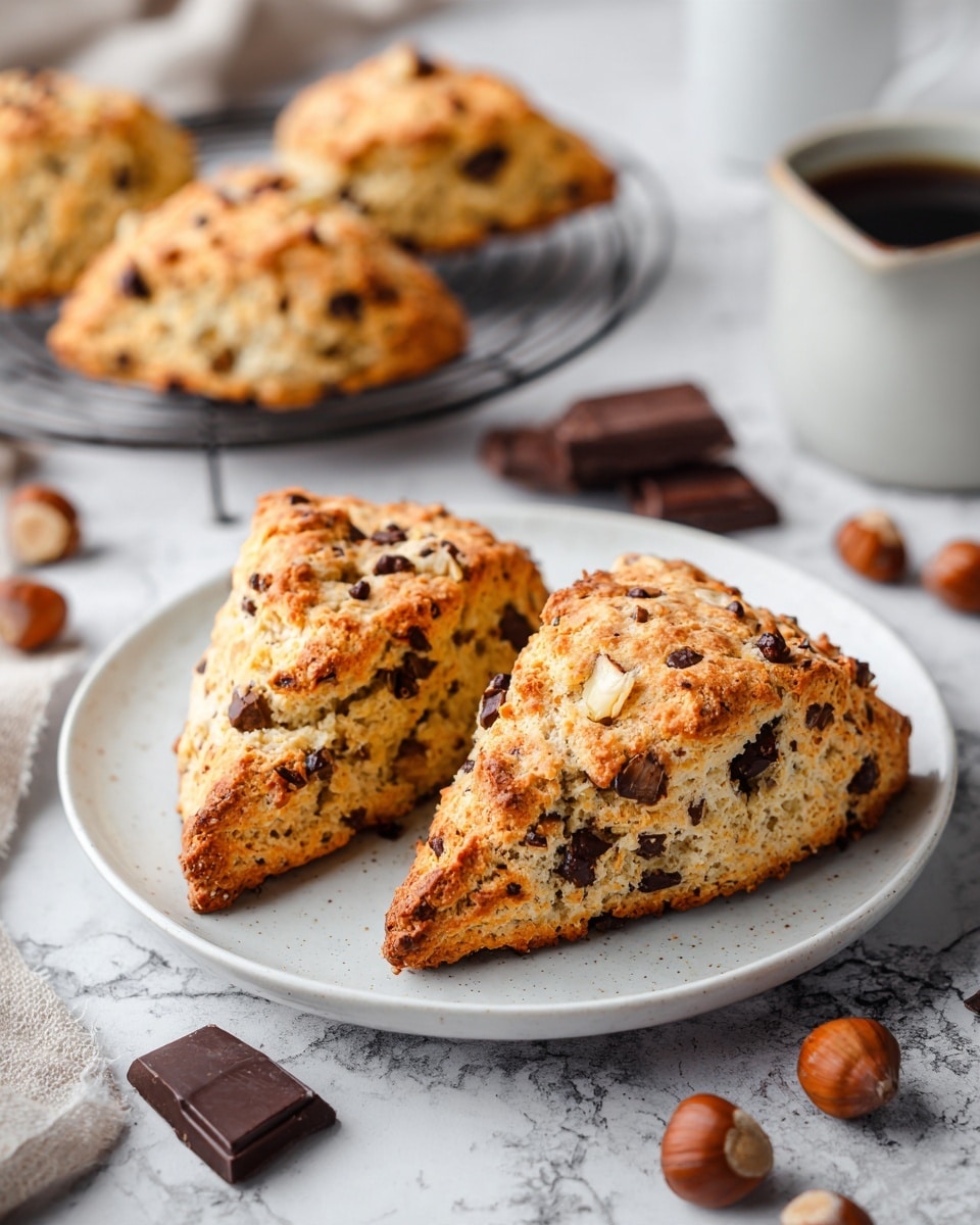 The image shows two triangular scones stacked on a white plate, both having a golden-brown crust speckled with dark chunks of chocolate and whole hazelnuts visible on the surface. In the background, three more scones rest on a cooling rack placed on a white marbled surface, with scattered hazelnuts and chocolate pieces around them, adding texture and a natural look. The scones look flaky with a slightly rough texture, and the lighting softly highlights their warm color and ingredients. Photo taken with an iphone --ar 4:5 --v 7