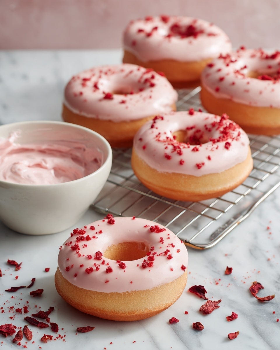 The image shows six donuts with white pinkish glaze, some topped with red crushed powder, arranged on a cooling rack with a white marbled surface underneath. One donut is placed in the front on the white marbled surface, topped with the red crushed powder. The glaze is smooth with a slightly speckled texture and the donuts are golden brown on their sides and bottoms. To the left, there is a white bowl filled with extra glaze and a white cloth nearby. Some red crushed pieces are scattered on the white marbled surface as decoration. Photo taken with an iphone --ar 4:5 --v 7