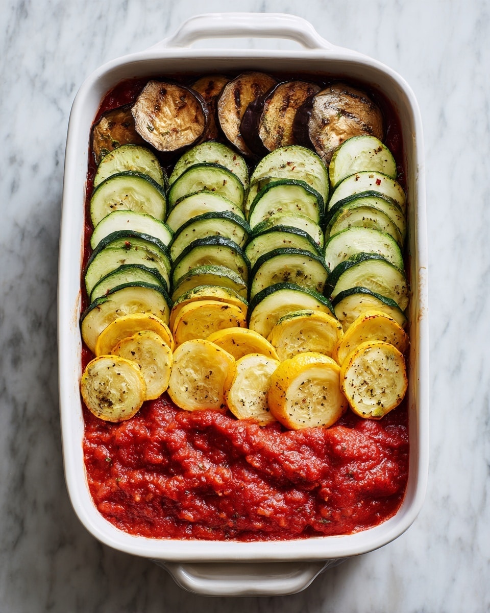 A white baking dish shows three layers of food. The bottom layer is red tomato sauce with a chunky texture. Above it, there is a layer of round, slightly browned slices of eggplant arranged side by side covering half the dish. The top layer has two rows of thin, round slices of zucchini and yellow squash, arranged neatly and overlapping slightly. The slices show a light grilled pattern. The dish sits on a white marbled surface photo taken with an iphone --ar 4:5 --v 7