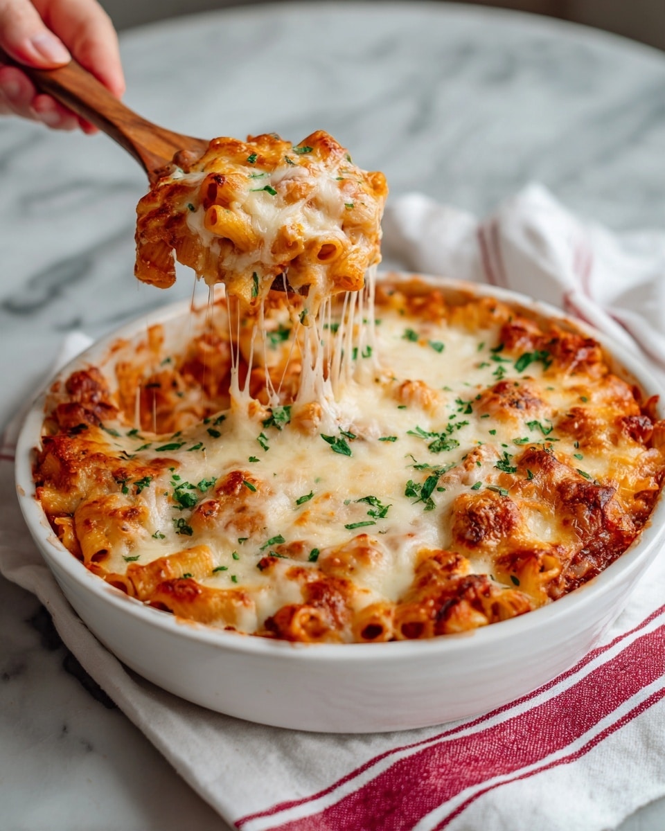 A white oval baking dish filled with baked pasta, showing three main layers: the bottom layer full of tube-shaped pasta mixed with chunks of red tomato and green herbs, the middle layer rich with bright red tomato sauce, and the top layer covered in melted white cheese stretching as a woman's hand lifts a portion with a wooden spoon. The pasta and sauce have a slightly chunky texture with bits of tomato and herbs visible. The dish is placed on a white marbled surface with a red-striped cloth partially visible underneath. The light highlights the cheese stretch and the warm, inviting colors of the dish. photo taken with an iphone --ar 4:5 --v 7