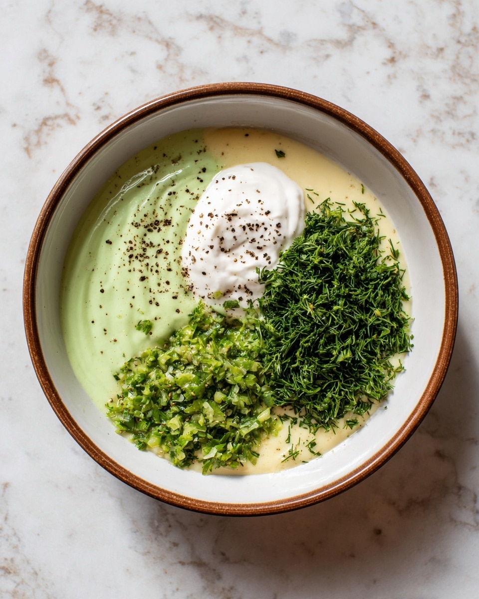 A white bowl with a brown rim holds three main layers: a light green creamy sauce on the left, a small dollop of thick white cream in the center, and a bright green chopped herb mixture on the lower right side. The layers sit on a light yellow creamy base layer, and there are black pepper specks sprinkled on top. The bowl is placed on a white marbled textured surface. photo taken with an iphone --ar 4:5 --v 7