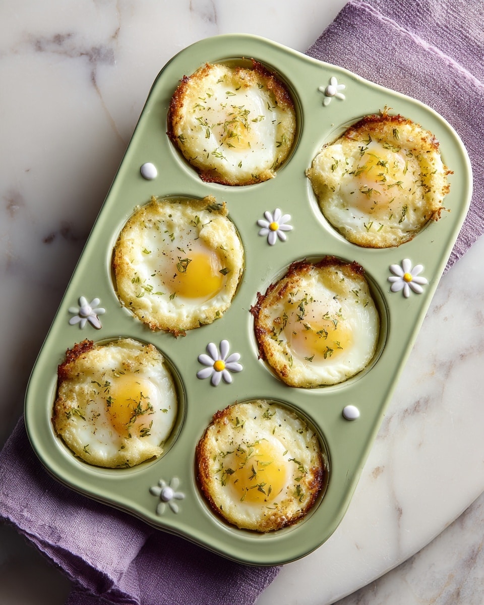 The image shows six baked egg cups placed inside a light green muffin tin decorated with small white and yellow flowers. Each egg cup has a single layer of cooked white egg base at the bottom, topped with a slightly translucent white egg white layer and a smooth, round, pale orange egg yolk in the center. The edges of the egg cups are slightly browned and crispy, creating a textured border around each egg. The muffin tin sits on a white marbled surface with a light pink knitted cloth partially visible in the upper right corner. photo taken with an iphone --ar 4:5 --v 7