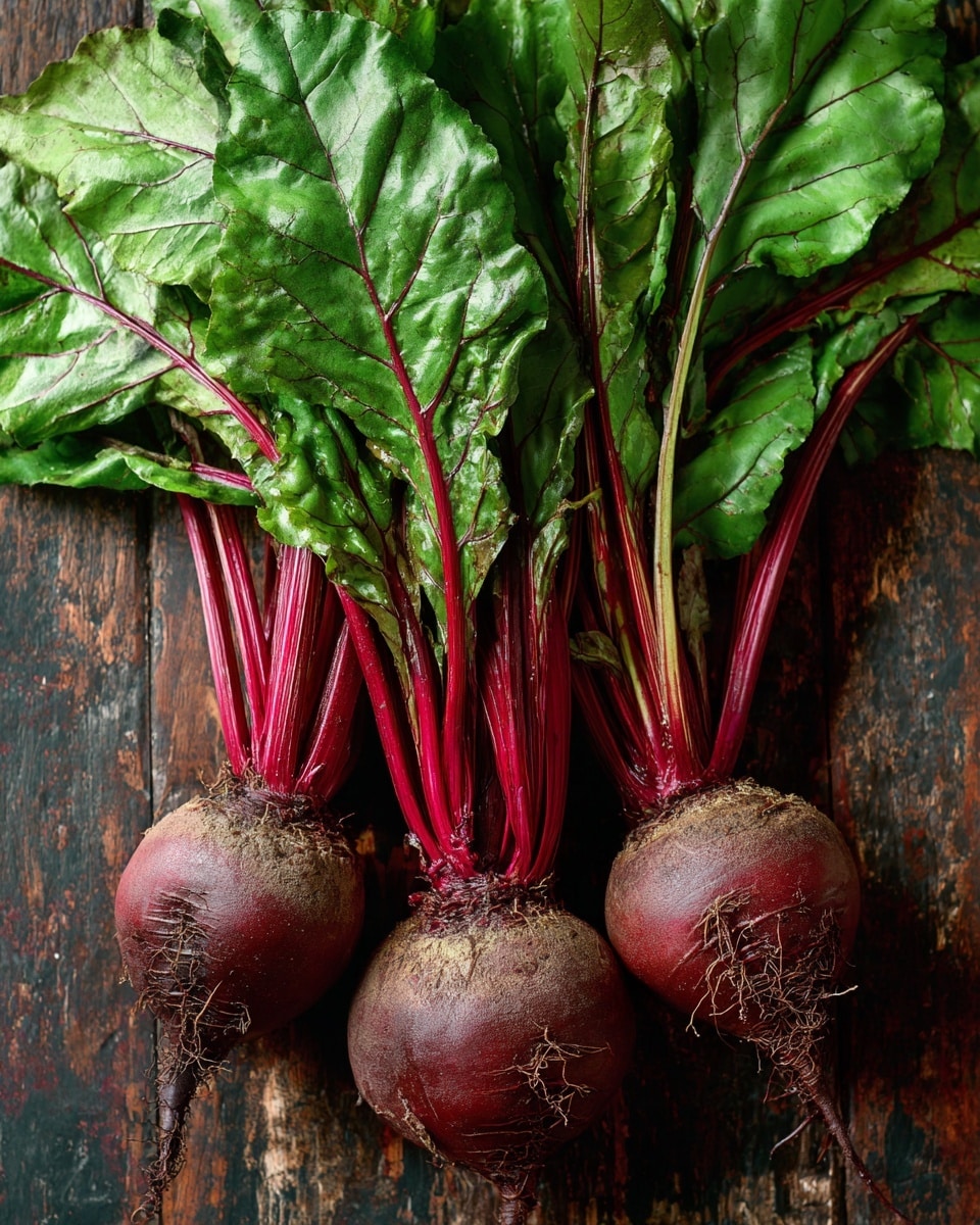 The image shows three fresh beetroots with leafy green tops and long reddish-purple stems placed on a dark wooden surface. Each beetroot has a round shaped root with a slightly rough texture and traces of soil. The leaves are large, bright green with visible veins, and spread out around the roots, some overlapping each other. The red stems extend lengthwise from the bulb to the leaves, creating a vivid contrast with the greens. The background is changed to a white marbled texture behind the beetroots. photo taken with an iphone --ar 4:5 --v 7