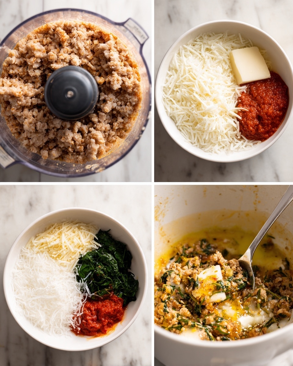The image shows three sections of a food preparation process. The top left section features a close-up of finely chopped light brown cooked meat inside a food processor with a black central blade. The bottom left section displays a white bowl filled with a mix of ingredients including white rice on the left, shredded white cheese on the top right, green spinach on the middle right, light brown cooked meat on the bottom left, golden melted butter in the center bottom, and bright red sauce on the right edge. The right section reveals a close-up of these ingredients mixed together in a white bowl, showing a textured combination of rice grains, spinach pieces, melted cheese, brown meat bits, and specks of sauce, with a silver spoon resting inside. The background is a white marbled surface photo taken with an iphone --ar 4:5 --v 7