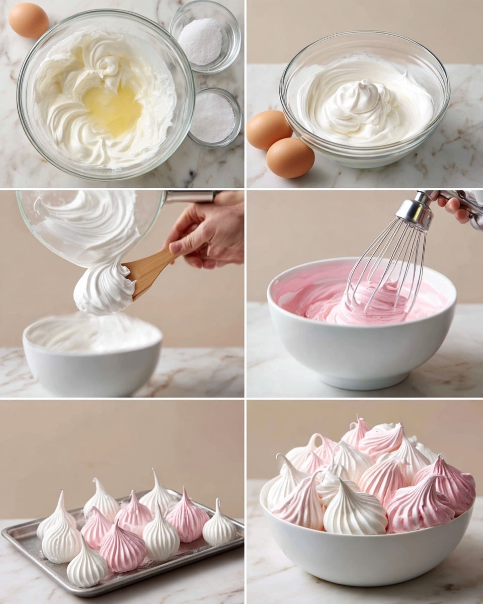 The image shows six steps of making meringue. The first step shows a clear glass bowl with raw egg whites inside, placed on a white marbled surface, with two brown eggs and a small white bowl of sugar beside it. The second step shows the egg whites beaten into soft peaks with a mixer in the same clear glass bowl. The third step shows sugar being slowly poured into the bowl with the mixer still running, creating a smooth shiny white foam. The fourth step shows a woman's hand holding a wooden spatula mixing in pink coloring, giving the foam light pink streaks in the clear bowl. The fifth step shows small swirled meringue dollops in white and light pink colors on a baking tray lined with grey paper. The final step shows a white bowl filled with the baked meringues, which are light, crisp, and come in white and pink colors, piled high. Photo taken with an iphone --ar 4:5 --v 7