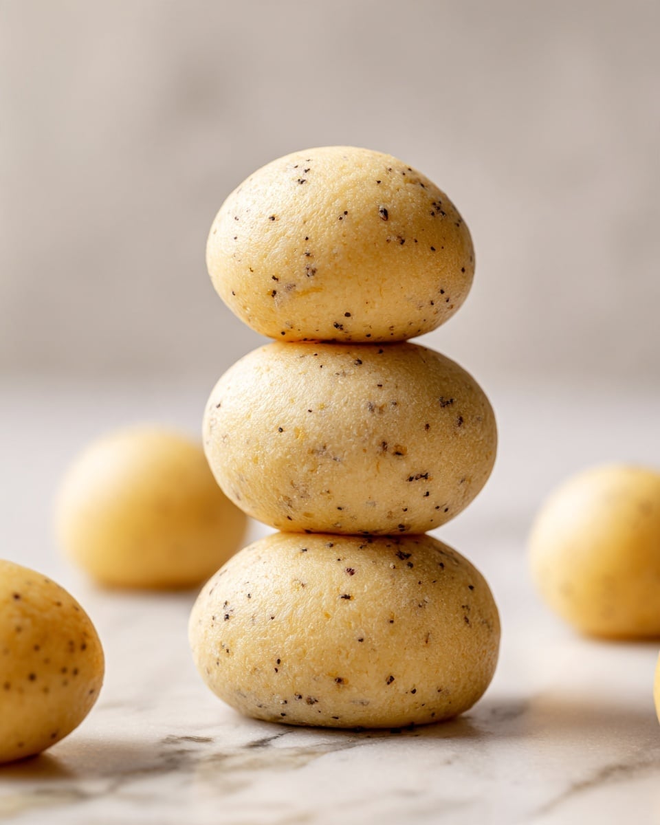 The image shows a stack of three light yellow dough balls arranged vertically in the center on a white marbled surface, each ball round and smooth with a soft texture. Around the stack, there are four more dough balls spaced out randomly, all the same soft light yellow color and round shape. The bright lighting highlights the smooth surface and subtle shadows beneath the dough balls, making them stand out clearly. Photo taken with an iphone --ar 4:5 --v 7