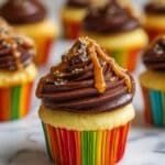 Twix Stuffed Cupcakes with Chocolate Frosting, Caramel Drizzle, and Shortbread Crumbles Recipe