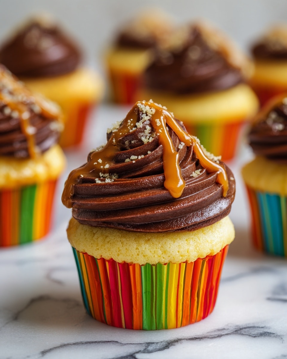 The image shows a cupcake with two clear layers and some decoration on top. The bottom layer is a fluffy, light yellow cake wrapped in a white paper liner with vertical colorful stripes in red, green, yellow, and orange. The top layer is a thick swirl of smooth, rich brown chocolate frosting, piped neatly in a spiral. On the frosting, there is a drizzle of shiny caramel sauce and a sprinkle of light beige crumbs that add texture. In the background, several similar cupcakes are slightly out of focus, placed on a white marbled surface. photo taken with an iphone --ar 4:5 --v 7