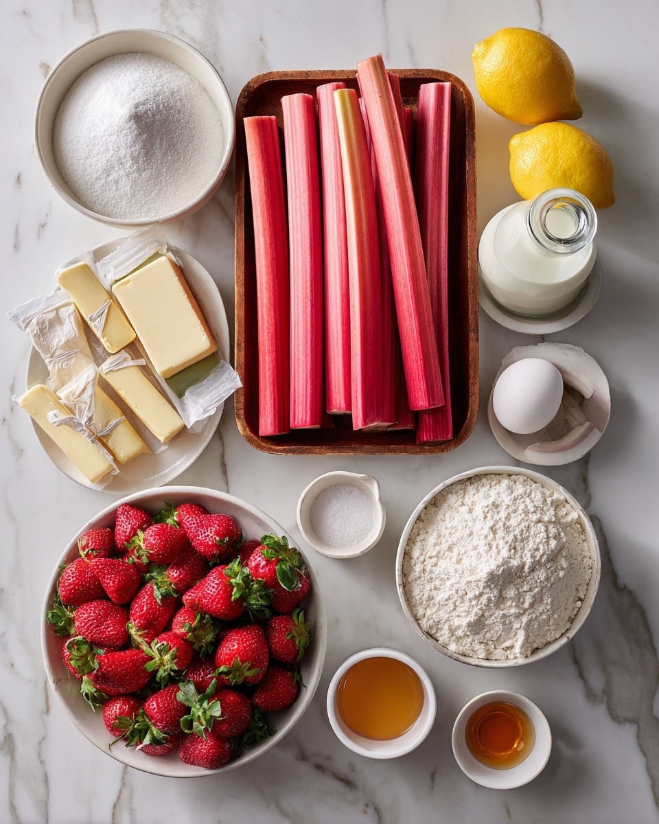 The image shows various baking ingredients neatly arranged on a white marbled surface. In the center is a rectangular wooden tray with long, vibrant pink rhubarb stalks stacked in layers. To the left, there is a large white bowl filled with fine white sugar, and three sticks of butter wrapped in paper lie beside it. Below the sugar bowl is a round white bowl overflowing with fresh red strawberries with green leaves. To the right of the rhubarb, there is a small glass bottle of milk and a single white egg placed near two small white bowls containing white powder and salt, alongside a tiny white bowl with amber-colored vanilla extract. A large white bowl filled with flour is placed near the right side. Two yellow lemons rest near the top left area. The overall layout is tidy and colorful with a clear focus on fresh and baking ingredients. photo taken with an iphone --ar 4:5 --v 7
