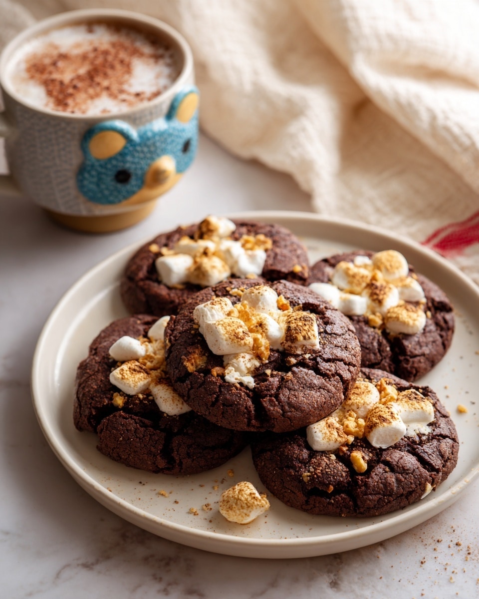 A white plate holds four dark chocolate cookies arranged in a small stack, each cookie topped with six small toasted marshmallows that have light brown spots from toasting. The cookies have a rough, slightly cracked texture contrasting with the smooth, slightly shiny marshmallows. Behind the plate, there is a cute mug shaped like a bear wearing a blue and white scarf, filled with a hot drink topped with foam and cocoa powder, all placed on a white marbled surface with a blurred background of green and warm lights. A white cloth with red stripes is folded on the left side of the scene. photo taken with an iphone --ar 4:5 --v 7