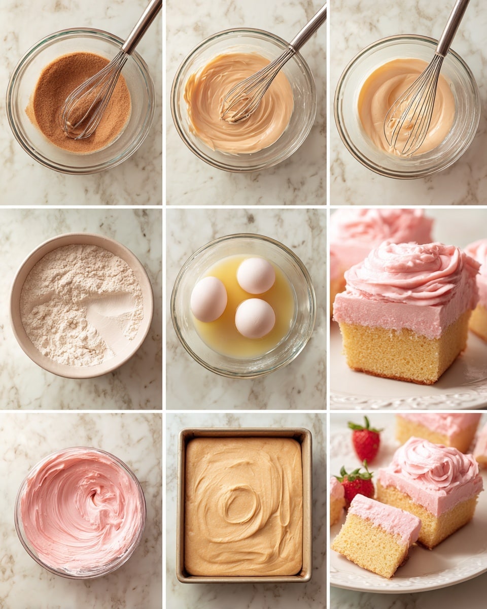 A collage of nine images showing the process of making pink frosted cake squares starts with a clear glass bowl on a white marbled surface in the first image, containing a mix of brown sugar and melted butter with a whisk. The second image shows the mixture partly stirred until creamy beige. In the third image, two whole eggs and vanilla extract are added. The fourth image shows a smooth pale batter after whisking. Next, flour is added to the batter in the fifth image and mixed in the sixth image until thick dough forms. The seventh image captures the dough spread in an even layer in a square baking pan. The last two images display the finished cake cut into squares on a white plate with pink frosting and strawberry decoration, with one piece bitten into, showing soft yellow cake inside. Photo taken with an iphone --ar 4:5 --v 7