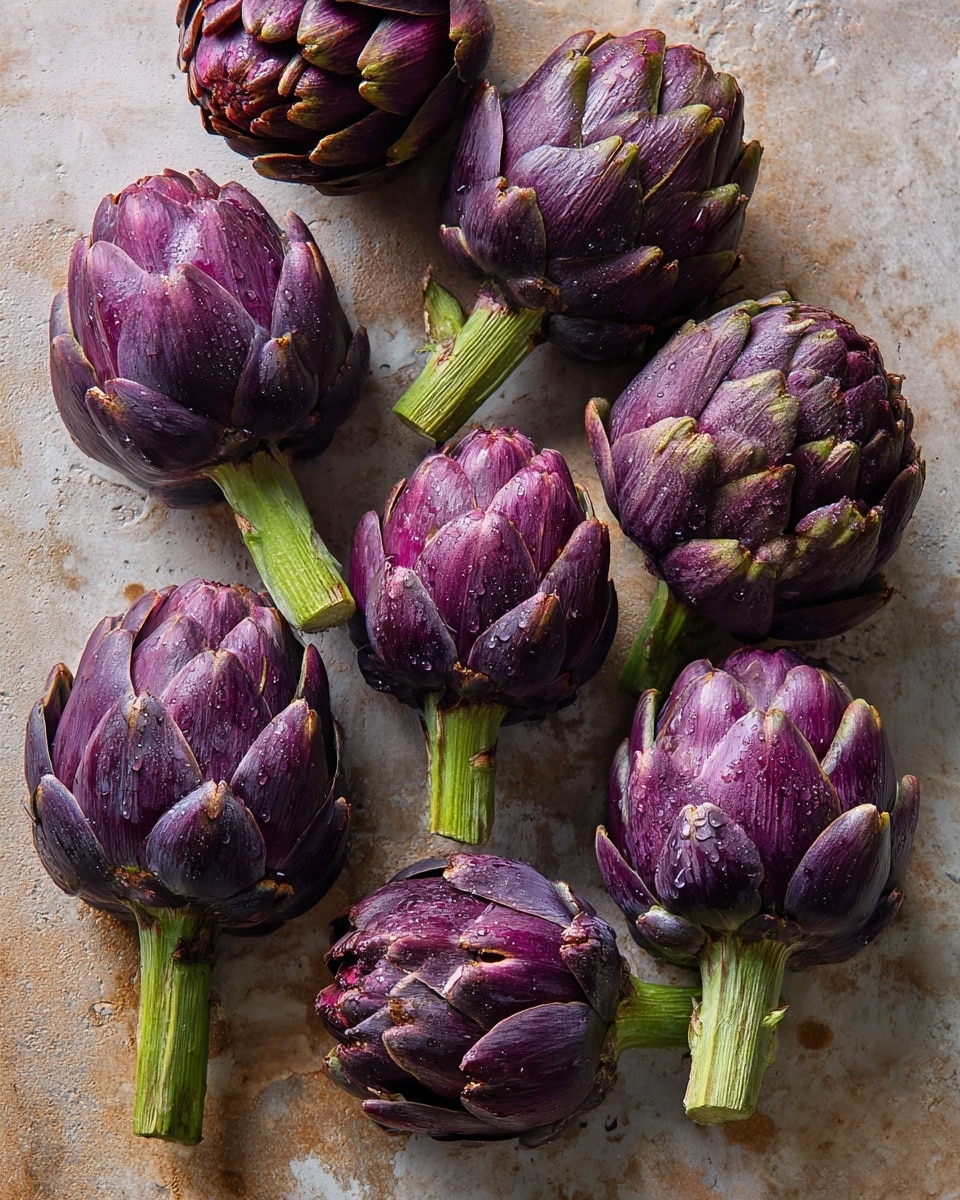The image shows seven whole artichokes arranged on a surface with a light brown, textured look. Each artichoke has layered dark purple petals with a matte texture and slight green tints near the bottom and stem area. The green stems are short and thick, standing out against the petals. The artichokes have a fresh and firm appearance, with some droplets of water visible on the petals. The overall layout is scattered but balanced, with spaces between each vegetable on the background. photo taken with an iphone --ar 4:5 --v 7