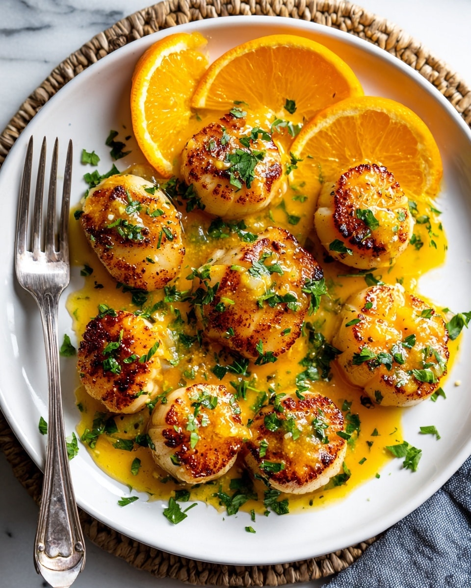 A white plate holds nine golden-brown scallops arranged in a loose circular pattern, each scallop topped with a shiny, orange-hued sauce and small bits of green herbs scattered over them. On the plate edges, there are three bright orange slices, adding a pop of color. A silver fork rests near the lower left side of the plate, which is set on a woven, light beige placemat over a white marbled surface. The scallops' textures range from smooth and seared edges to the glossy sauce that pools lightly around some of them. photo taken with an iphone --ar 4:5 --v 7