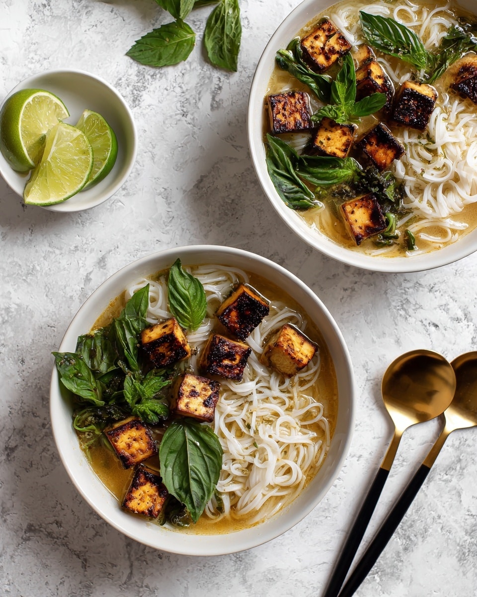 The image shows two white bowls filled with a clear brown broth. Each bowl contains white noodles layered in the middle and topped with evenly spaced golden-brown grilled tofu cubes. Fresh green mint leaves and basil leaves are scattered on top of the noodles and tofu, adding a vibrant contrast. To the left, there is a small white bowl holding lime wedges, and in the top left corner, a small green basil sprig rests on a white marbled surface. To the right of the bowls are two gold spoons with black handles placed neatly side by side on the same white marbled surface. The photo taken with an iphone --ar 4:5 --v 7
