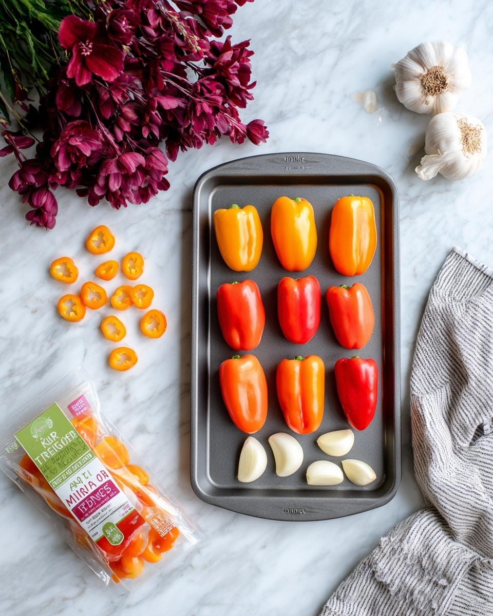 The image shows a gray baking tray on a white marbled surface with six mini peppers arranged in two rows, three orange and three red, with their shiny skins smooth and bright. At the bottom of the tray, there are two white onion halves, peeled and smooth, with three peeled garlic cloves scattered nearby. To the left, a few orange mini peppers and round pepper rings are spread out, along with a green and clear bag labeled