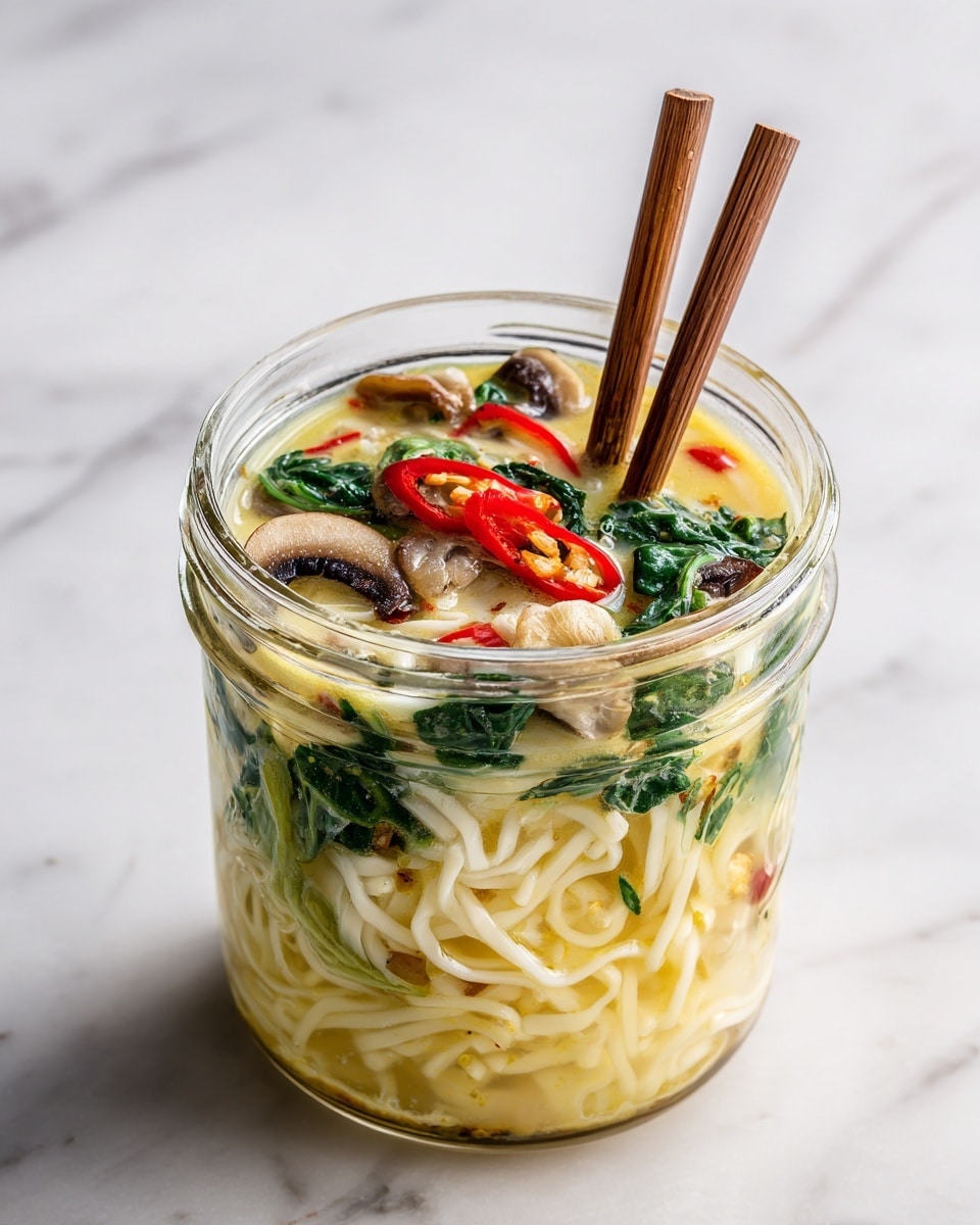 A clear glass jar filled with a creamy light yellow broth base, noodles submerged within and gently rising to the top. On the surface, there are several brown shiitake mushrooms with their smooth texture, a small red chili slice, and bright green leafy herbs adding color contrast. A pair of wooden chopsticks is holding a bundle of white noodles and mushrooms upright from inside the jar. The background is a white marbled surface, softly lit, making the soup look fresh and warm. photo taken with an iphone --ar 4:5 --v 7